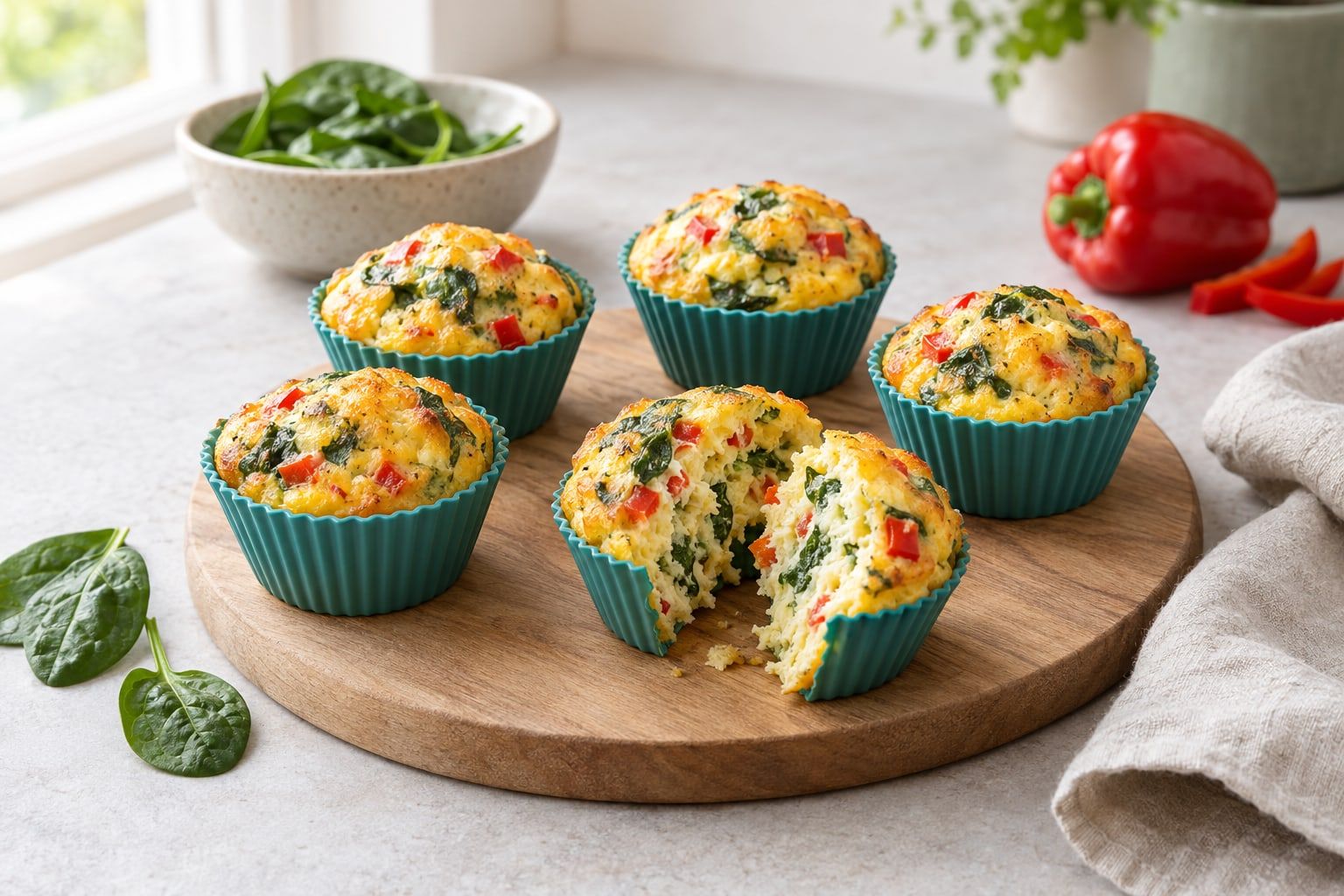 Äggmuffins i airfryer, sex gyllene muffins med spenat, paprika och ost i silikonformar