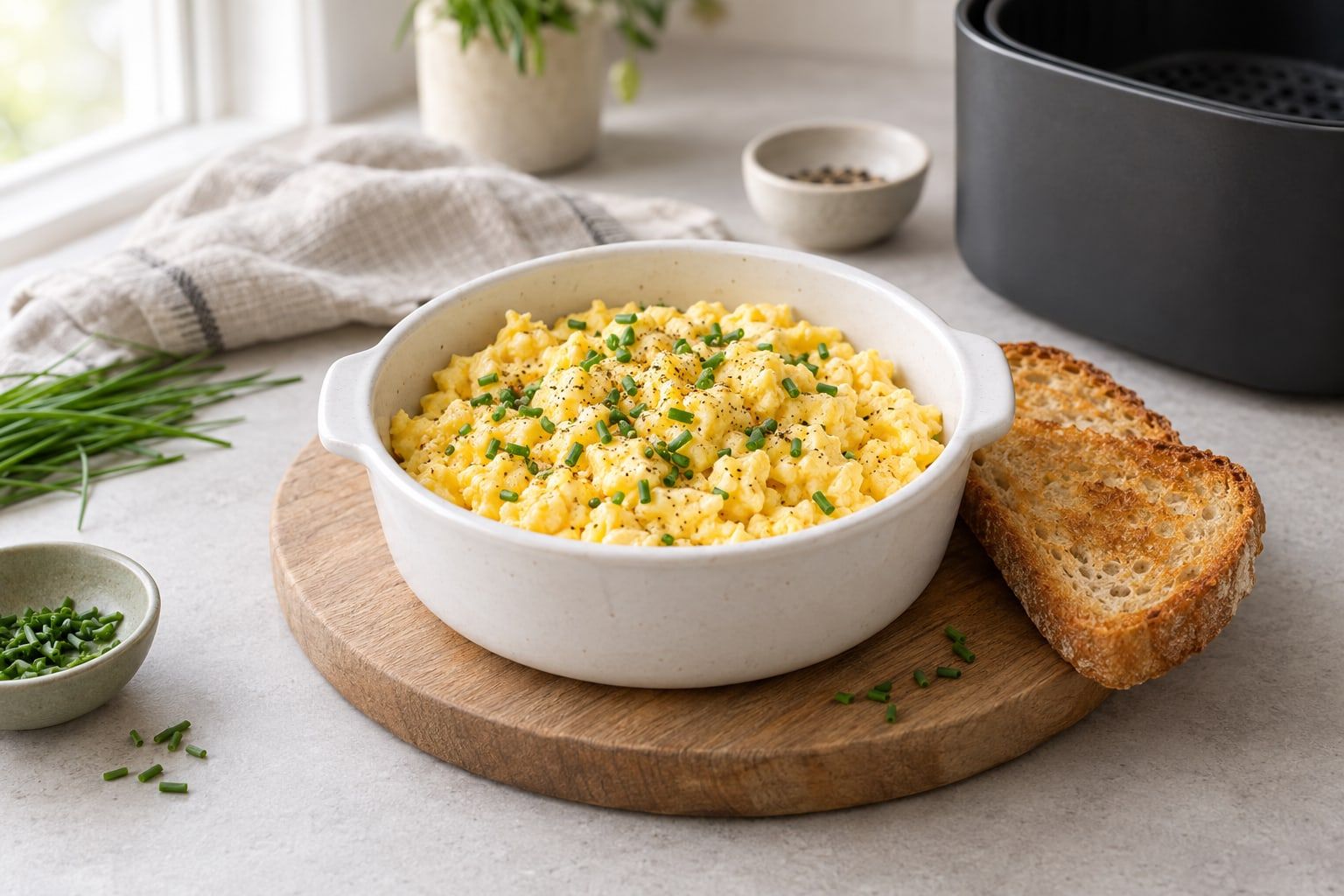 Äggröra i airfryer, len gul äggröra med gräslök i en vit form