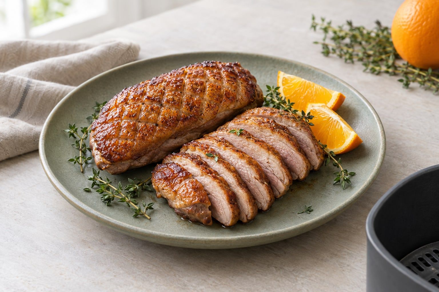 Ankbröst i airfryer, skivat med knaprigt rutat skinn och apelsinklyftor