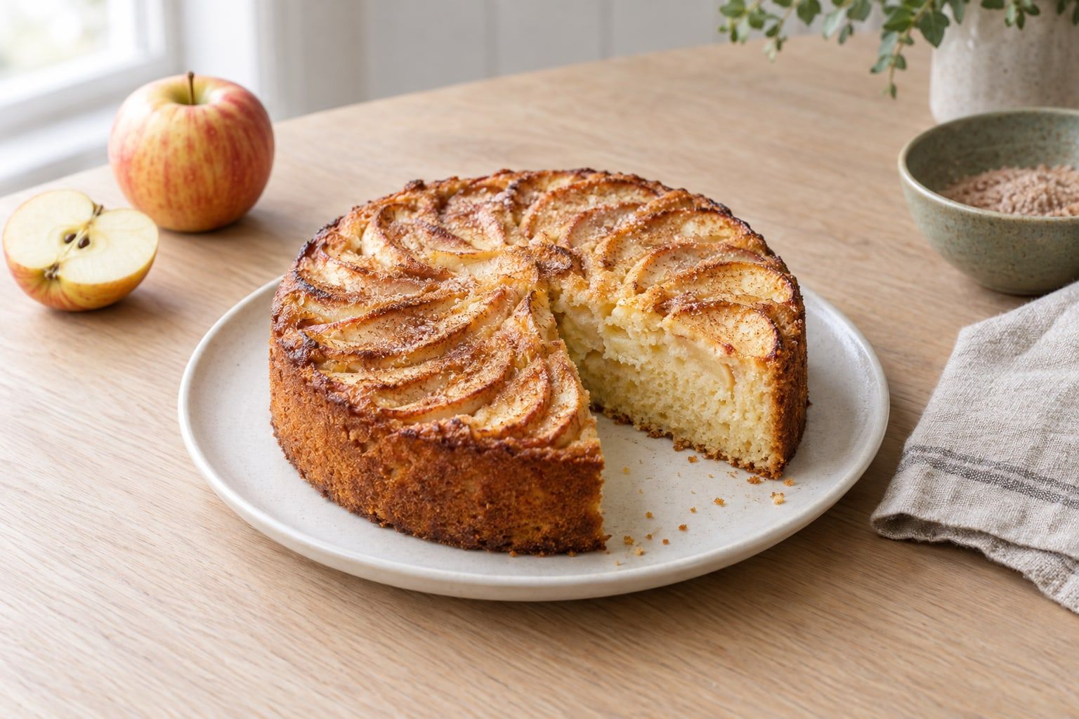 Äppelkaka i airfryer, rund gyllene kaka med kanelsockrade äppelskivor och en skuren bit