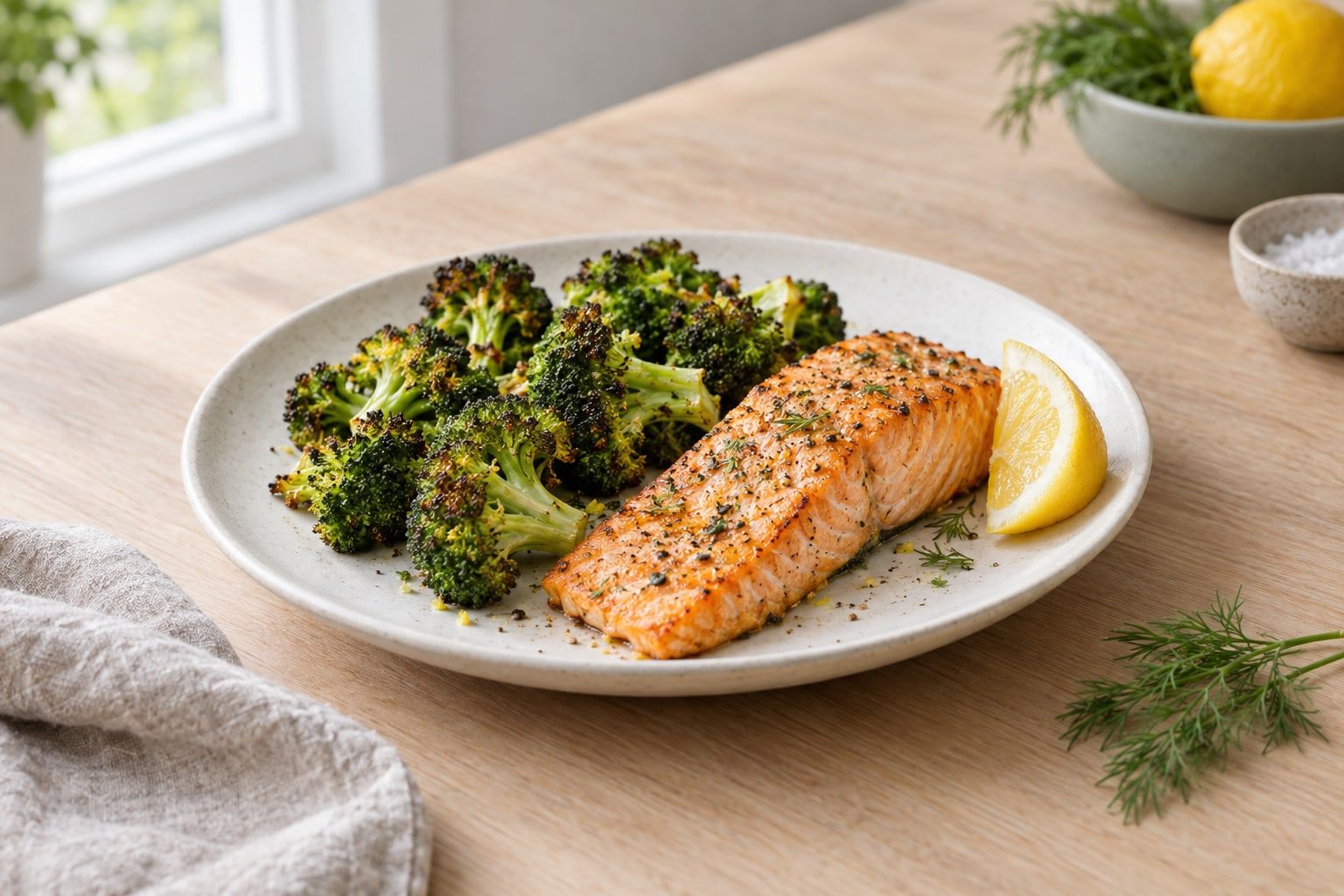 Är airfryer nyttigt, rostad broccoli och lax på en tallrik med citron