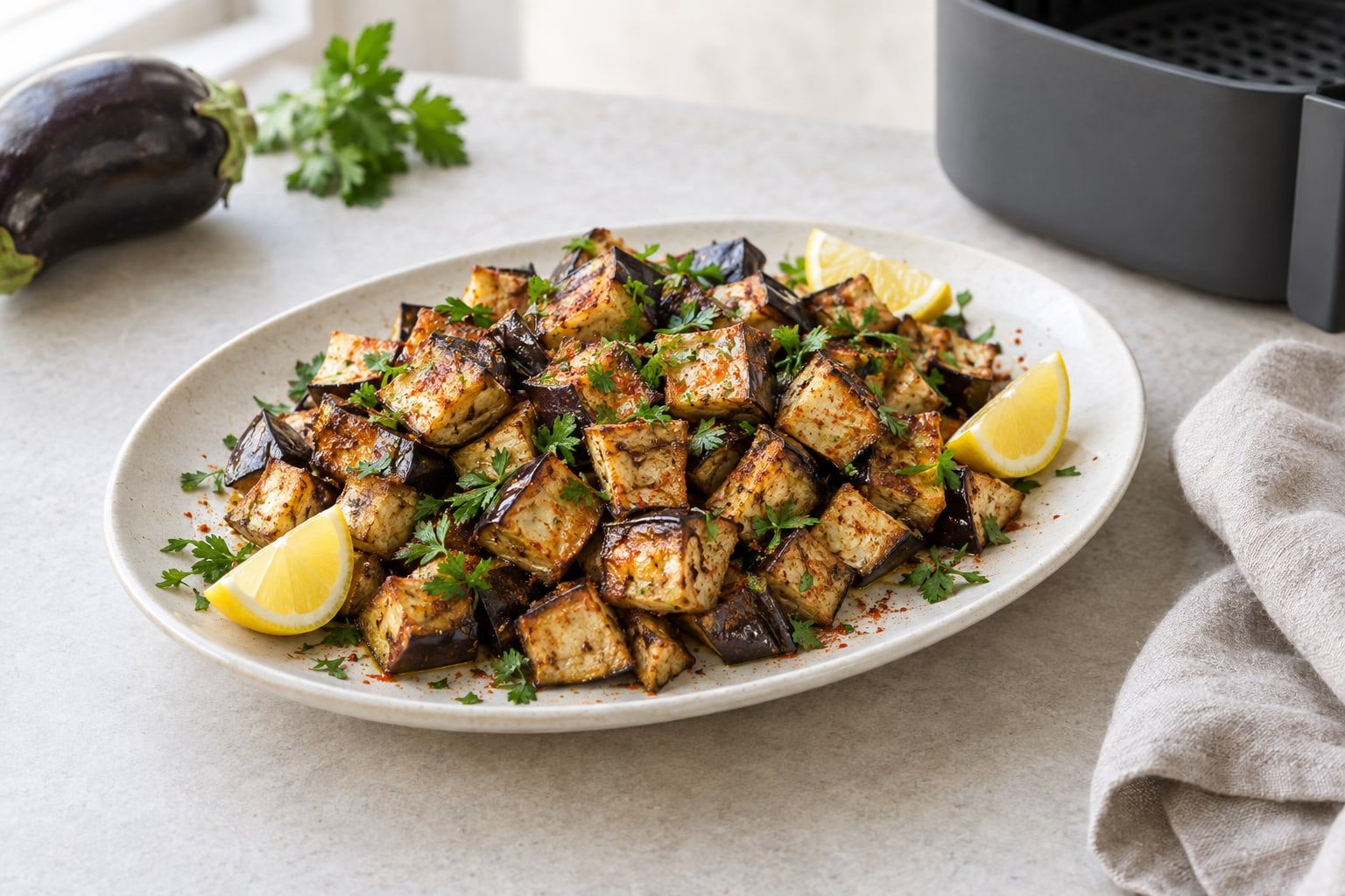 Aubergine i airfryer, gyllenbruna rostade kuber på ett vitt fat med persilja och citron