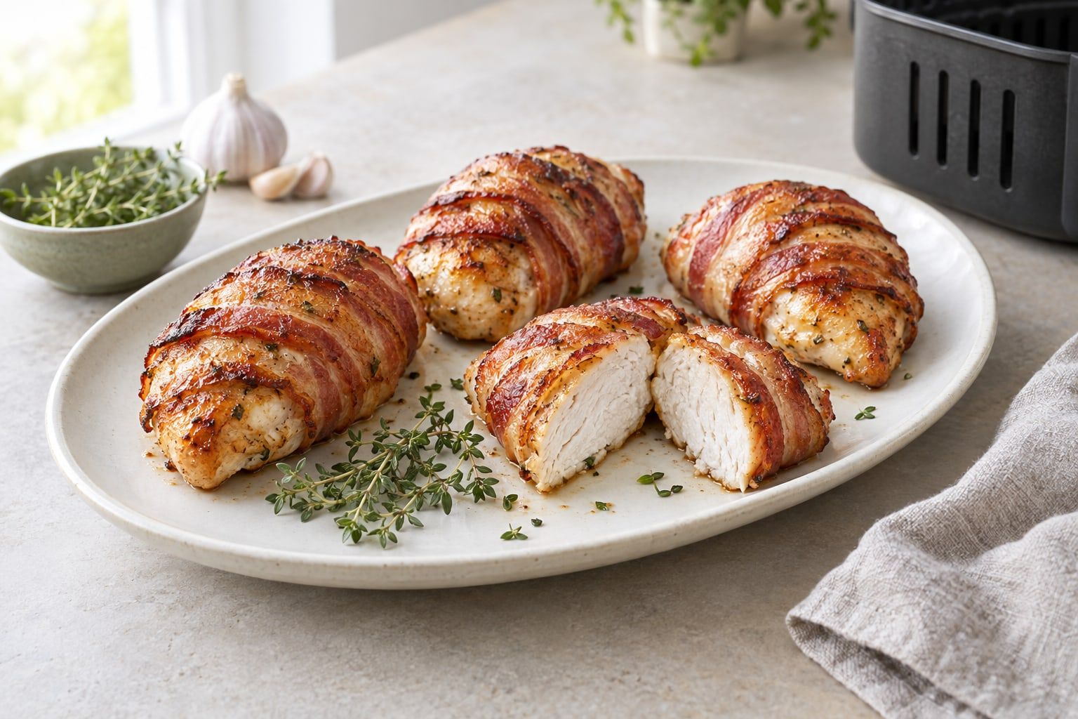 Baconlindad kyckling i airfryer, filéer med krispigt bacon och en genomskuren bit