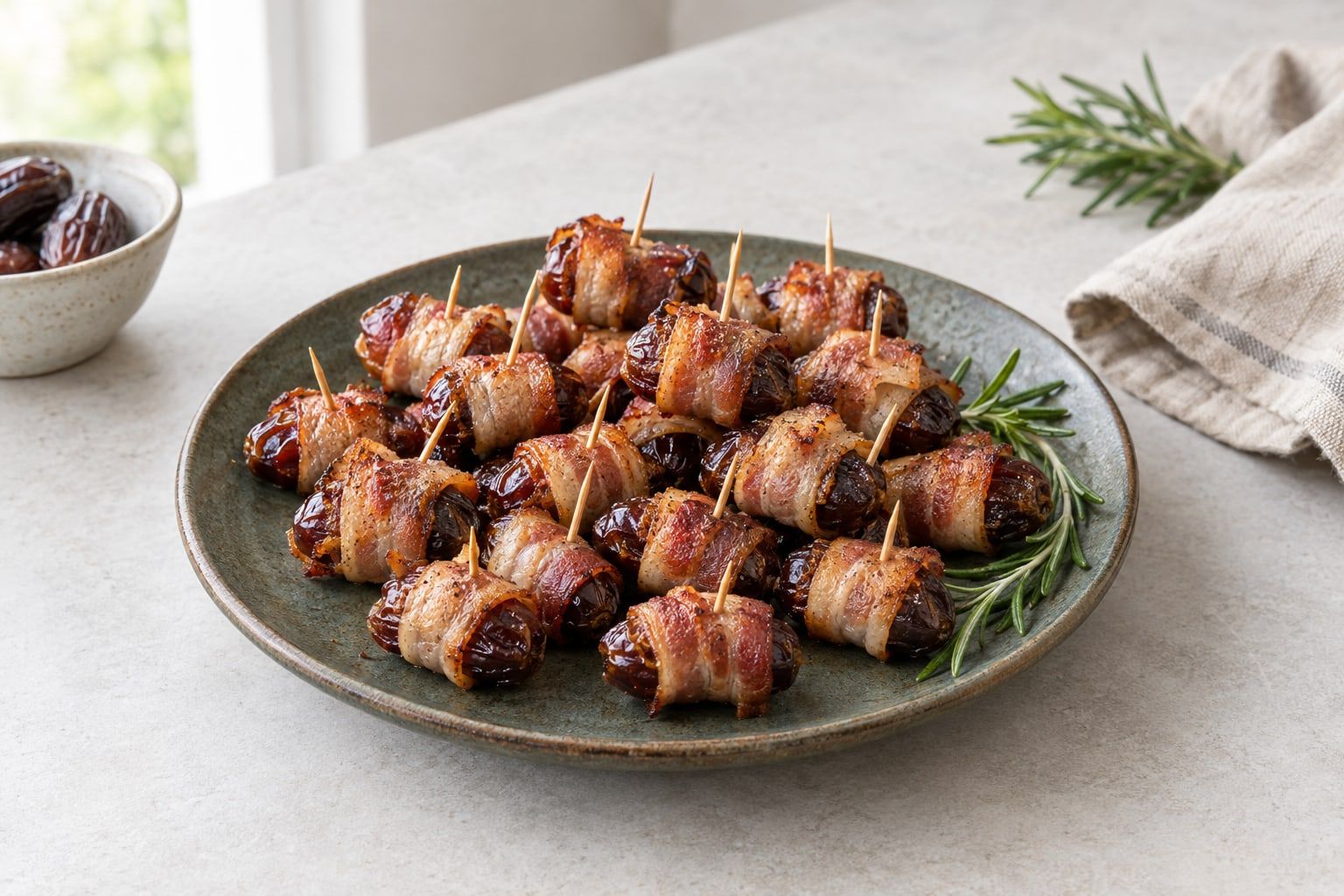 Baconlindade dadlar i airfryer, sexton krispiga bitar med tandpetare på ett mörkt fat