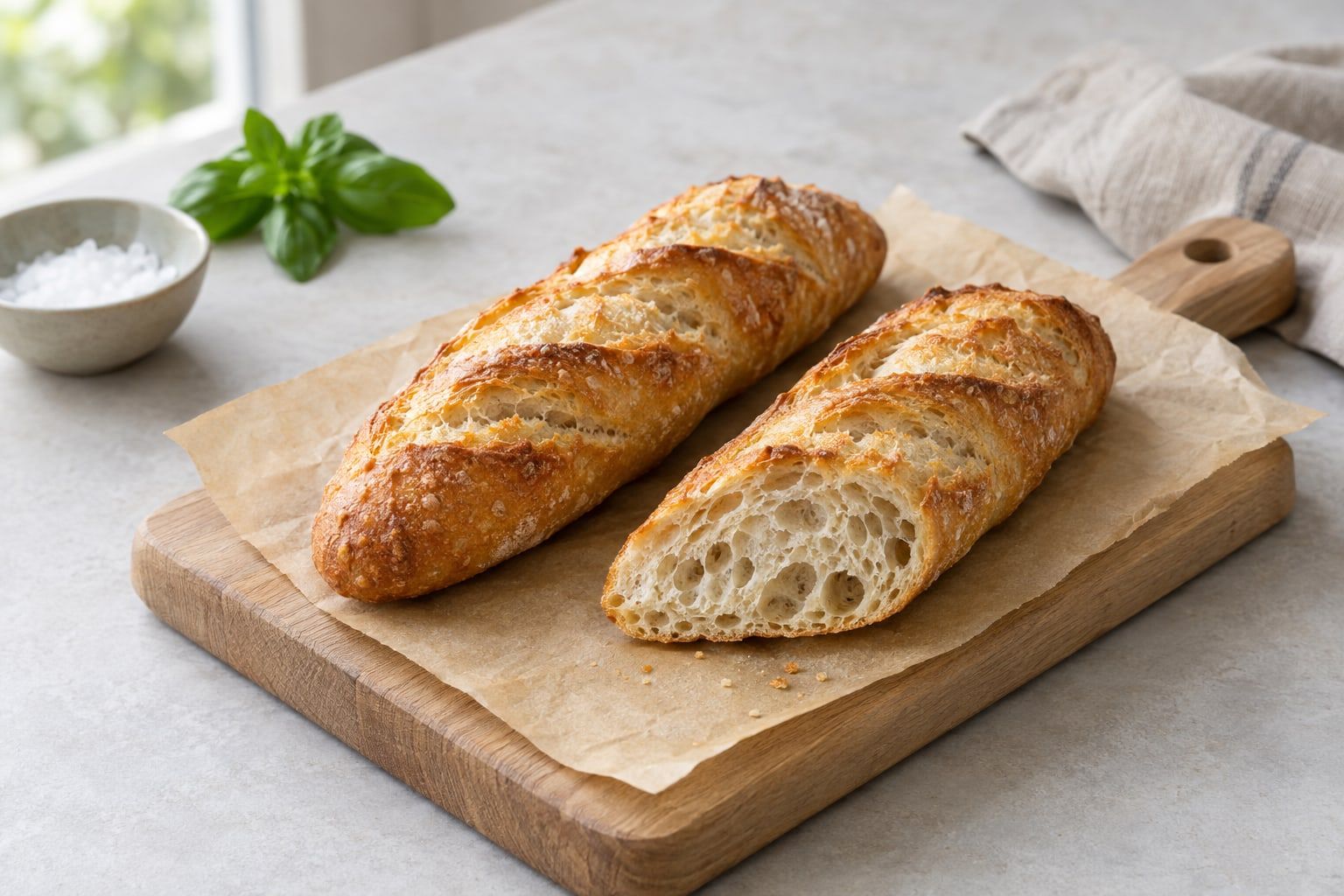 Baguette i airfryer, två gyllene minibaguetter med krispig skorpa, en uppskuren så att den luftiga smulan syns
