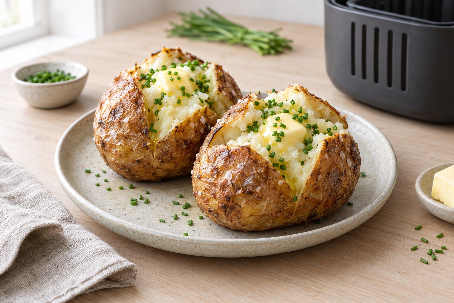Bakad potatis i airfryer, uppskuren med krispigt skal och ångande mjuk insida