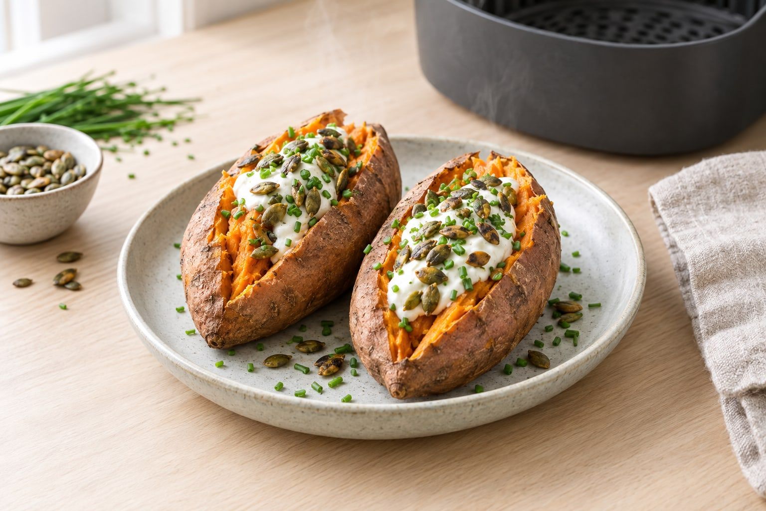 Bakad sötpotatis i airfryer, uppskuren med orange mjuk insida, yoghurt och pumpafrön på ett fat