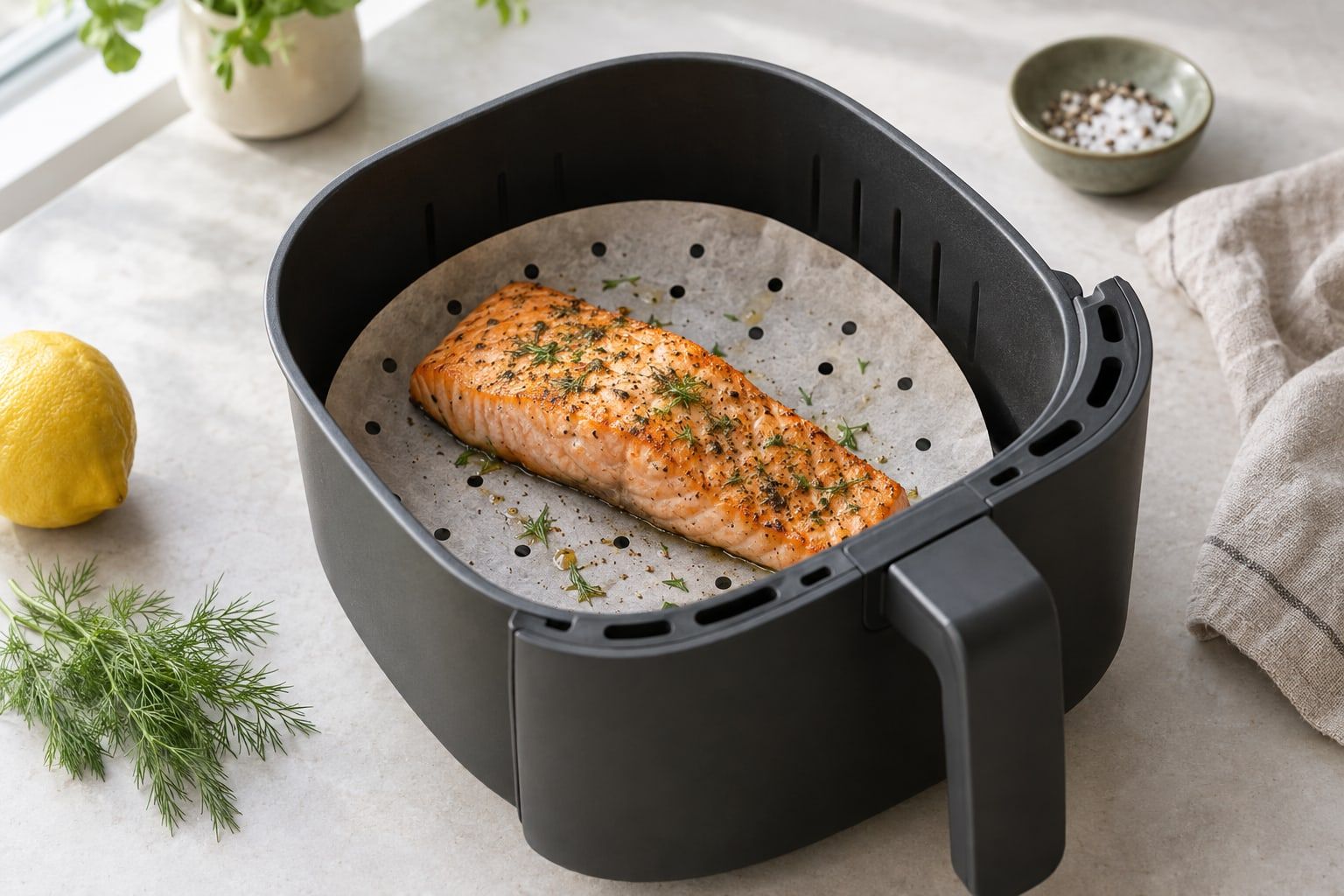 Bakplåtspapper i airfryer, ett perforerat papper i korgen med laxfilé ovanpå