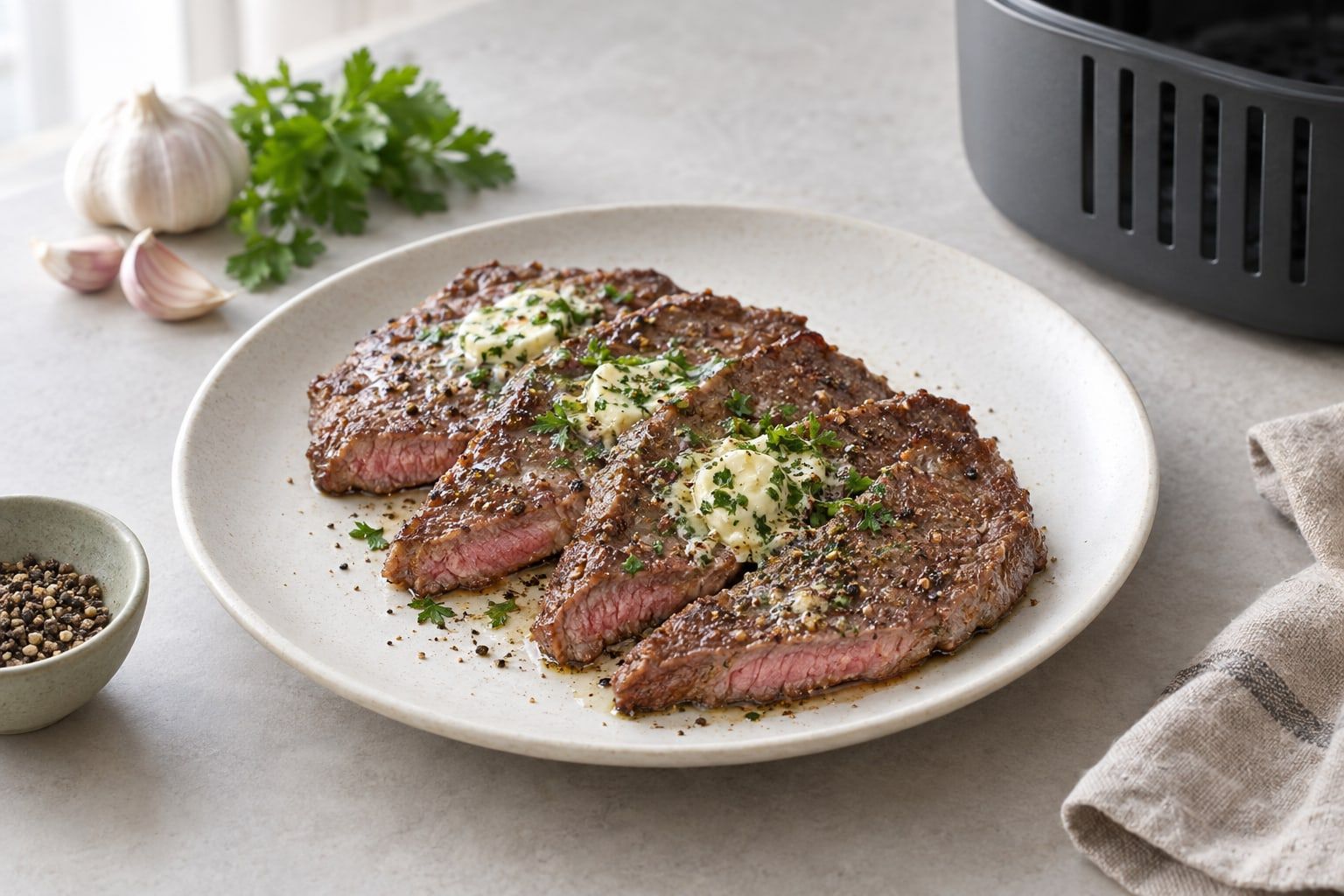 Biff i airfryer, fyra biffar med brynt yta och rosa mitt på ett fat med kryddsmör