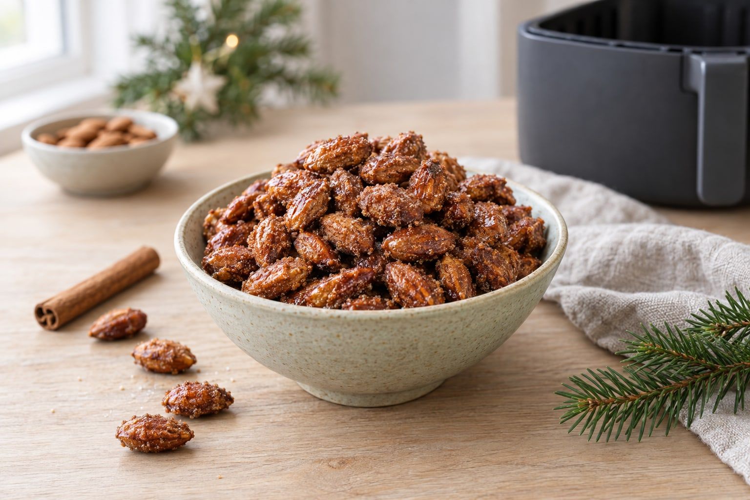 Brända mandlar i airfryer, glansiga med kanelsocker i en liten skål