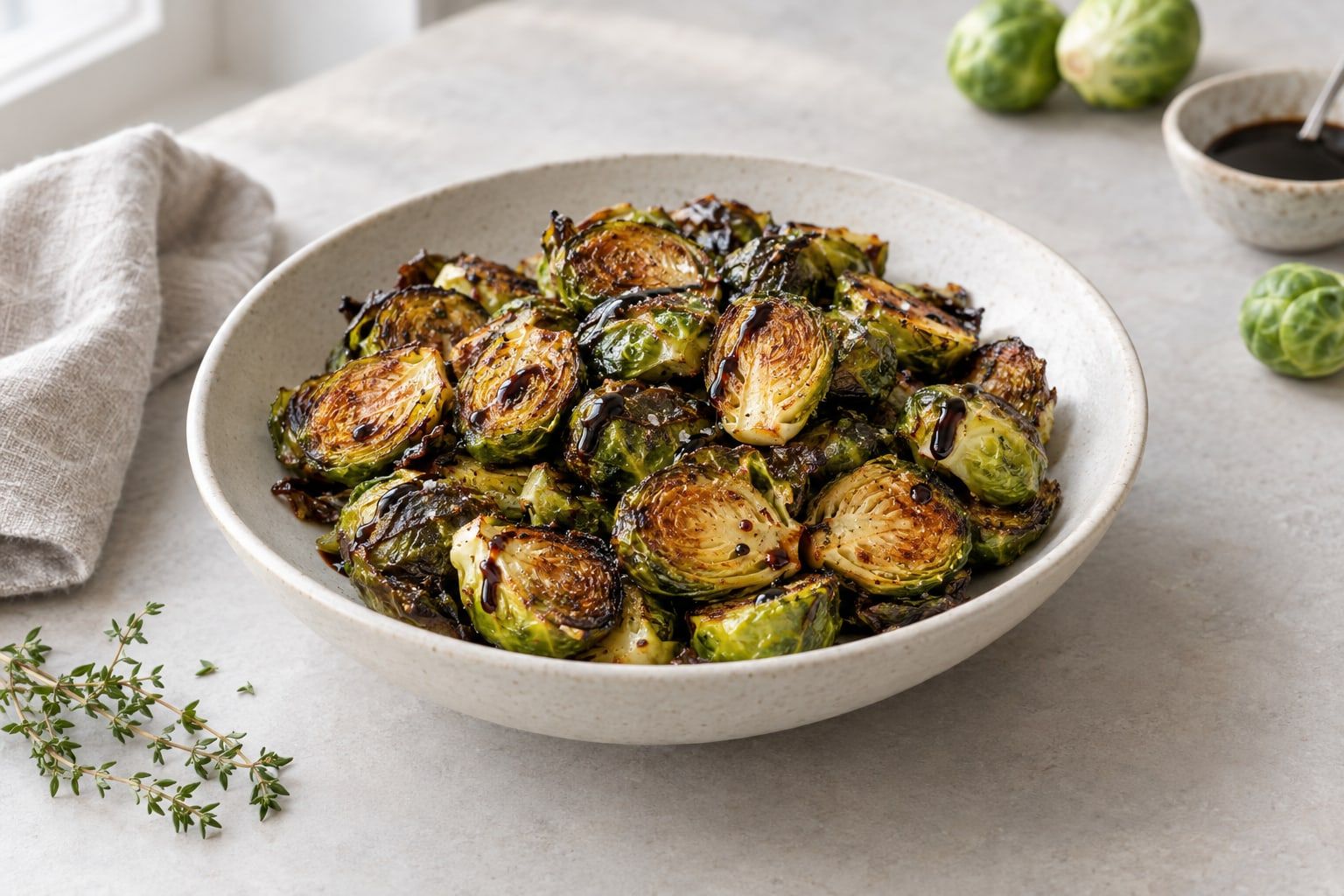Brysselkål i airfryer, halverade rostade brysselkål med krispiga mörka blad i en vit skål