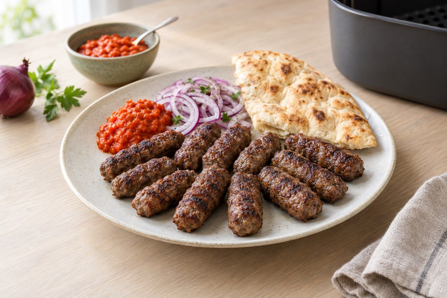 Cevapcici i airfryer, små bruna färsrullar serverade med plattbröd, rödlök och ajvar