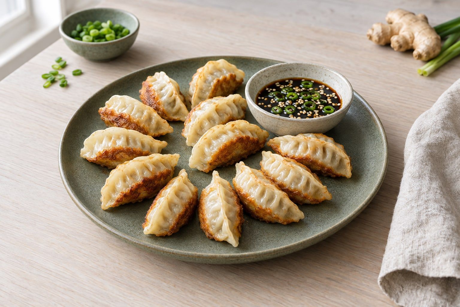 Dumplings i airfryer, halvmåneformade med gyllene botten och sojadipp med vårlök