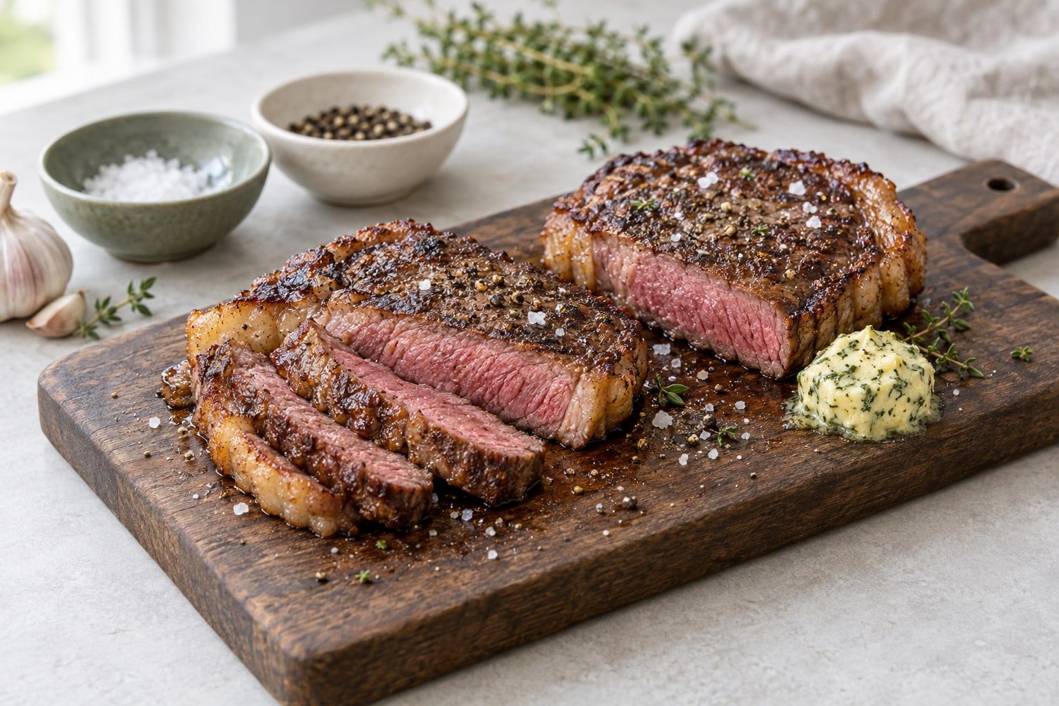 Entrecôte i airfryer, skivad på en mörk skärbräda med brynt yta och rosa kött i mitten