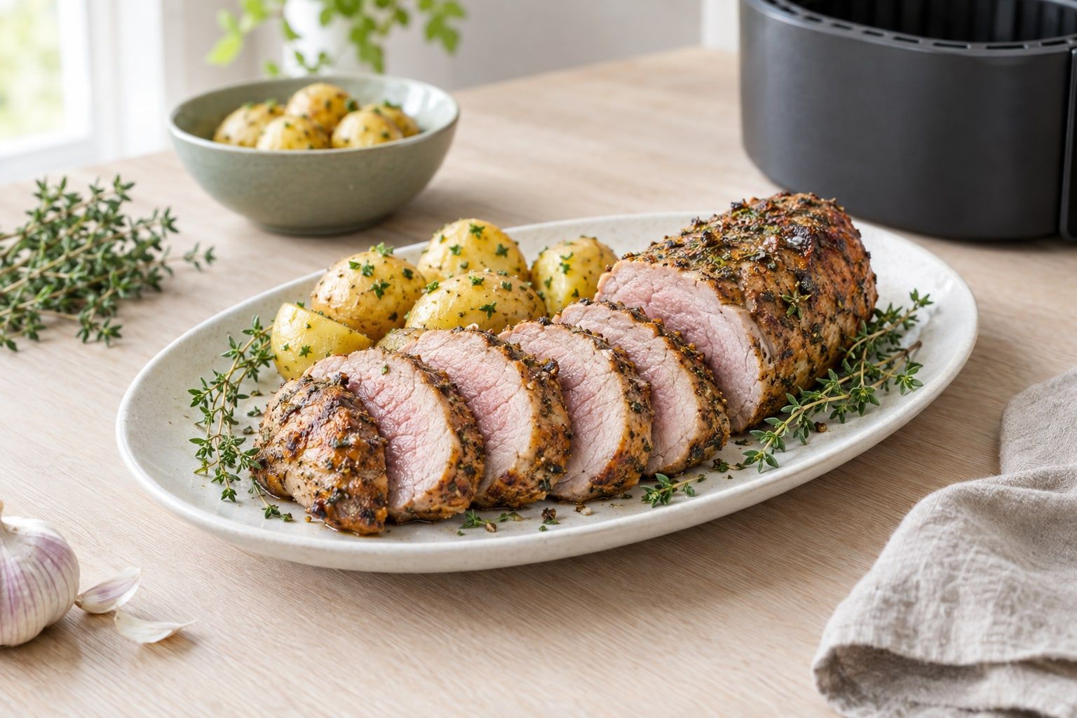 Fläskfilé i airfryer, skivad i tjocka medaljonger med gyllene kryddskorpa och saftig, svagt rosa mitt