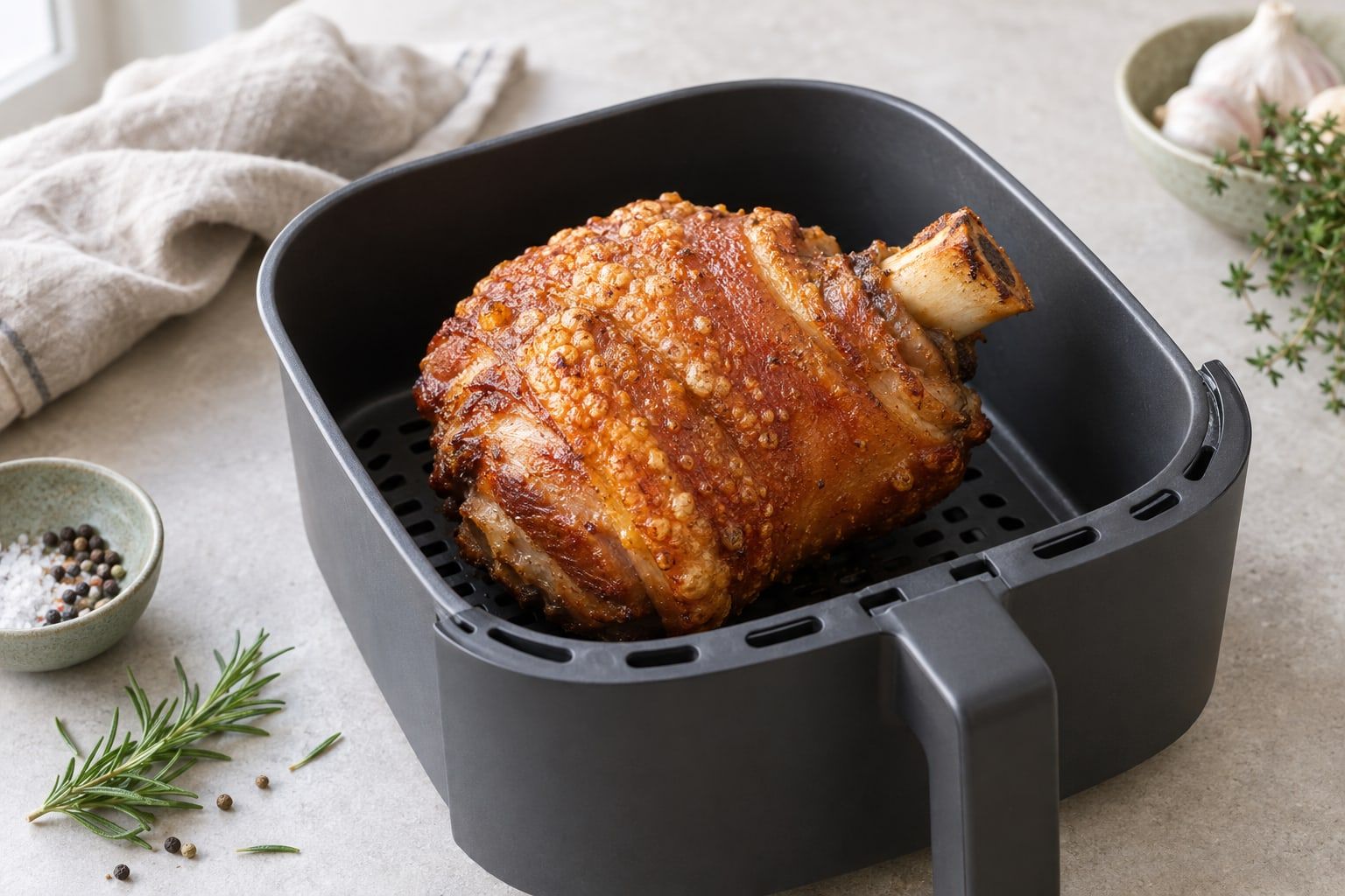 Fläsklägg i airfryer, gyllene med krispig svål och synligt ben i airfryerkorgen