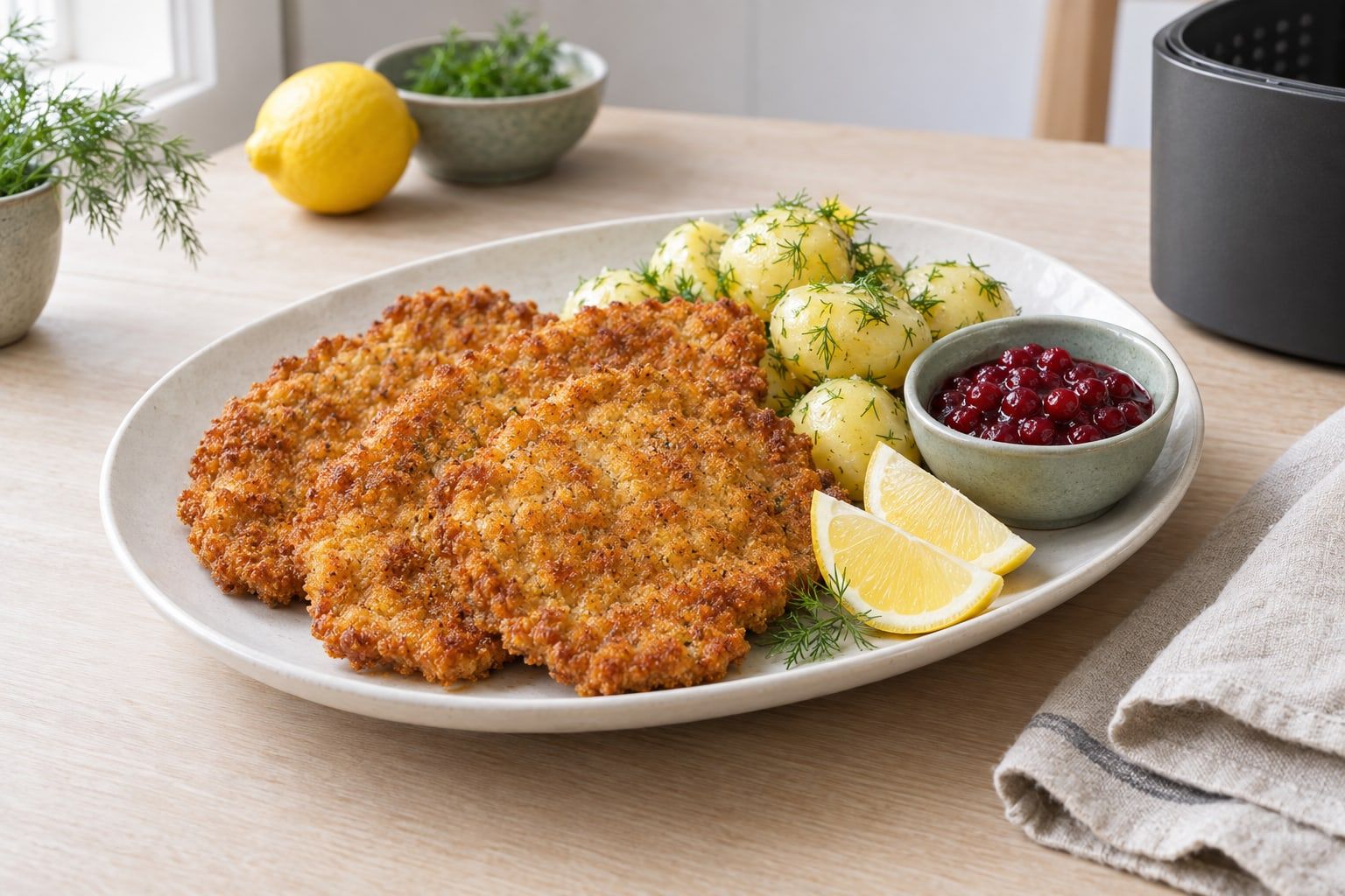 Fläskschnitzel i airfryer, hemmapanerade och gyllene med citron och kokt potatis