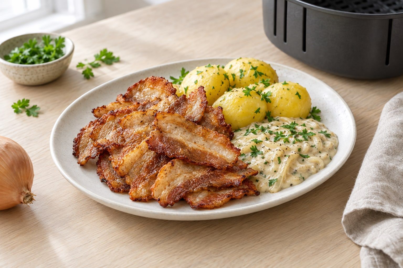 Flintastek i airfryer, tunna knapriga skivor på ett fat med kokt potatis och löksås
