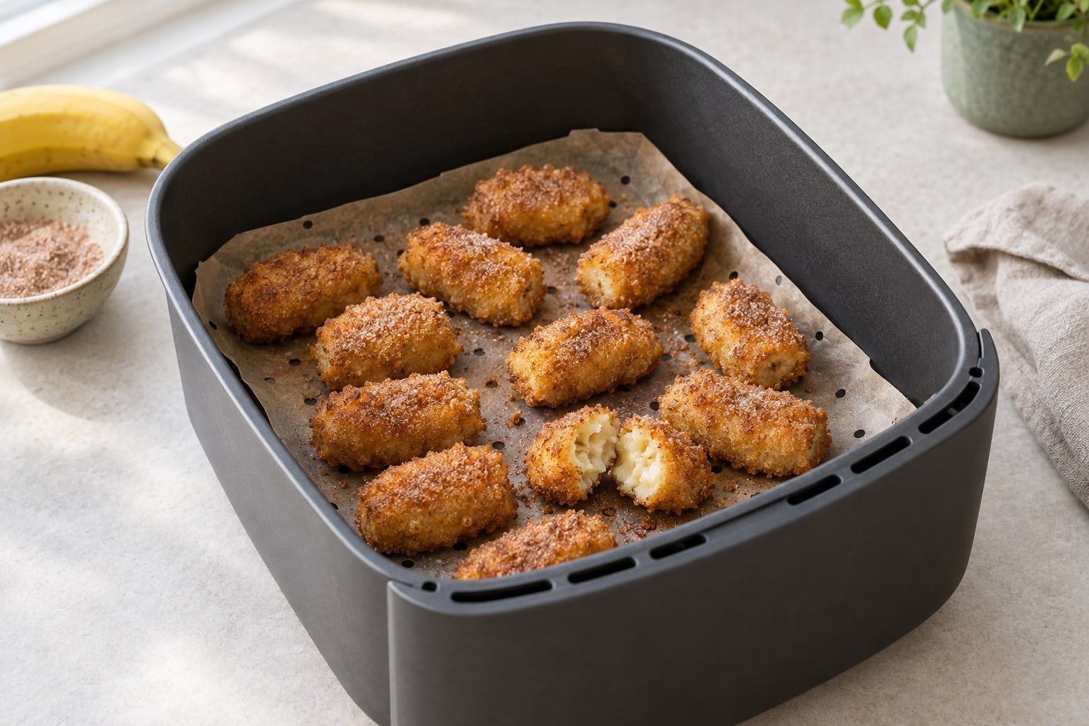 Friterad banan i airfryer, tolv gyllene panerade bananbitar med kanelsocker i airfryerkorgen