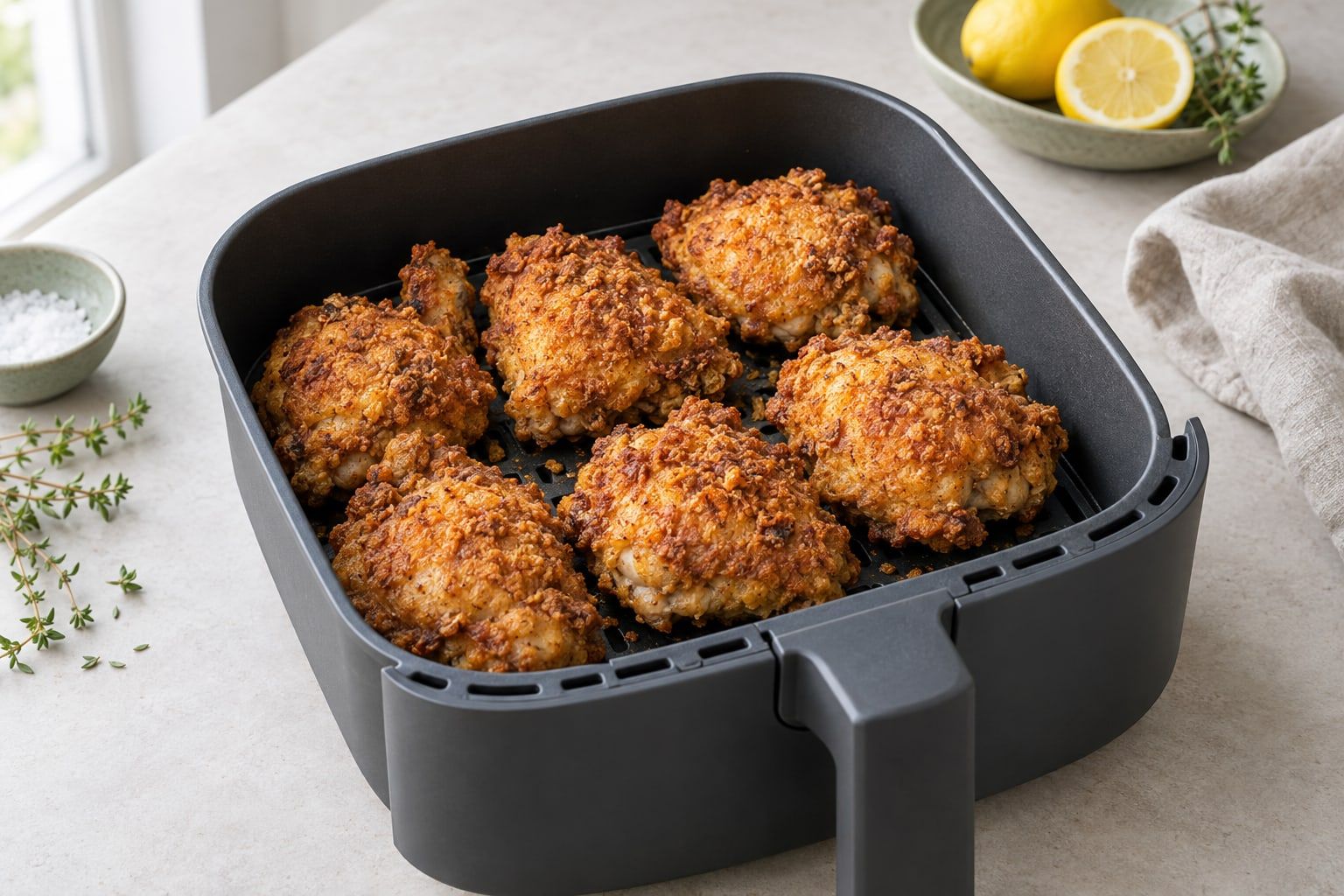 Friterad kyckling i airfryer, sex lår med tjock gyllenbrun och knottrig yta i en korg