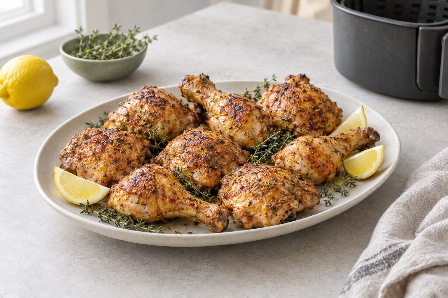 Fryst kyckling i airfryer, gyllenbruna kycklingbitar med ben på ett vitt fat