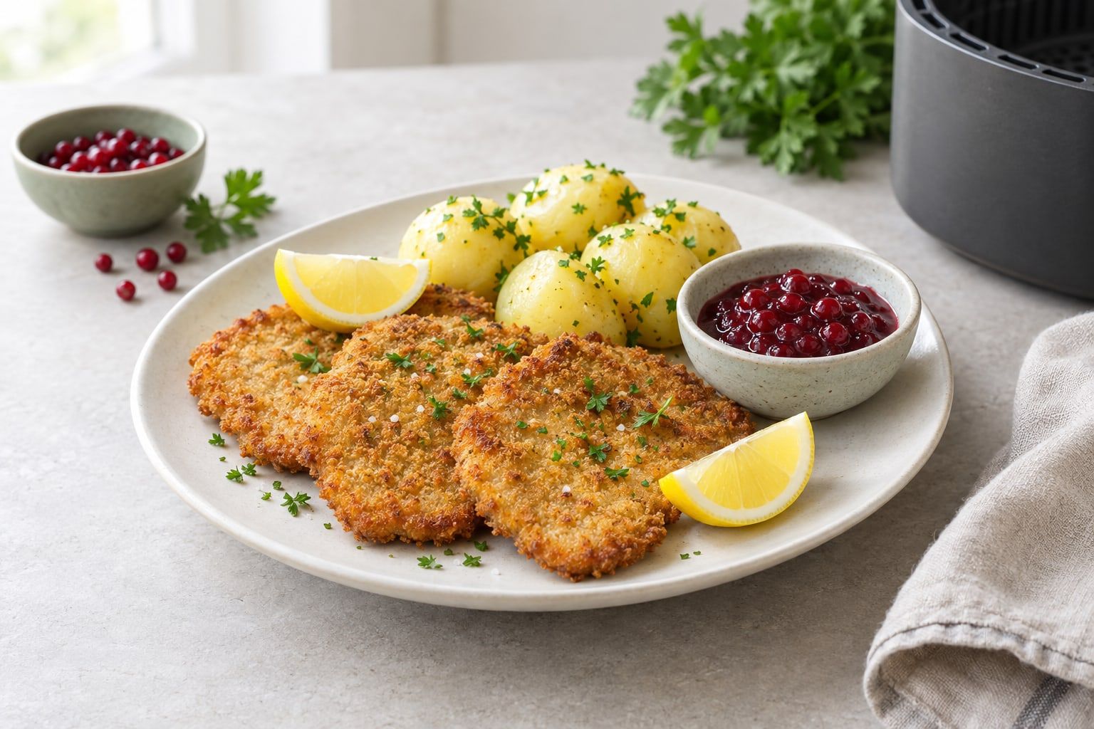 Fryst schnitzel i airfryer, tunn och gyllene fläskschnitzel med kokt potatis och lingonsylt