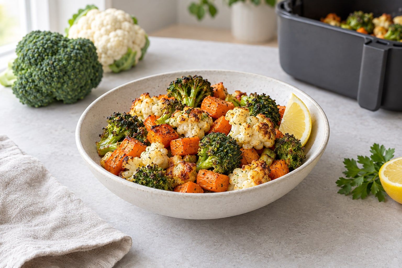 Frysta grönsaker i airfryer, rostad blandning av broccoli, blomkål och morot i en vit skål