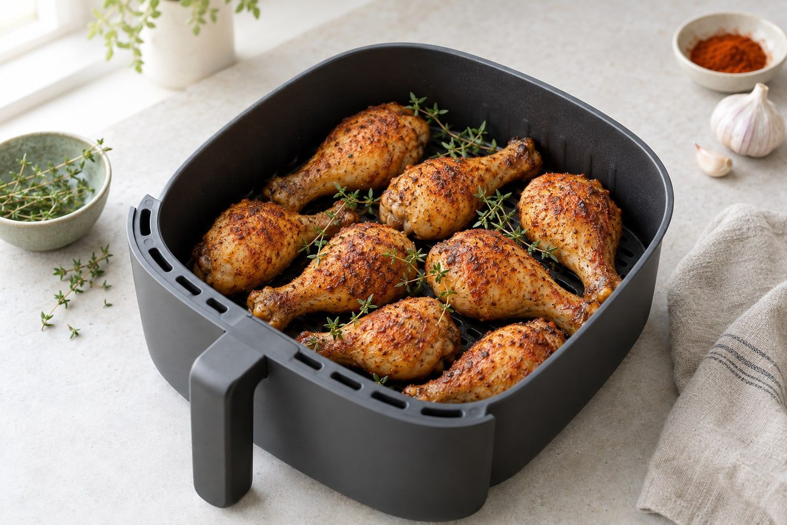 Frysta kycklingklubbor i airfryer, gyllenbruna med krispigt skinn i en korg efter tillagning