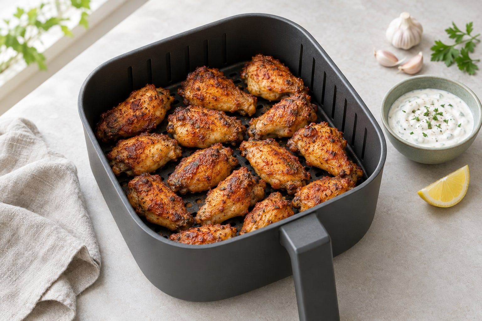 Frysta kycklingvingar i airfryer, bruna och knapriga vingar i ett lager i korgen med vitlöksdipp och citronklyfta bredvid
