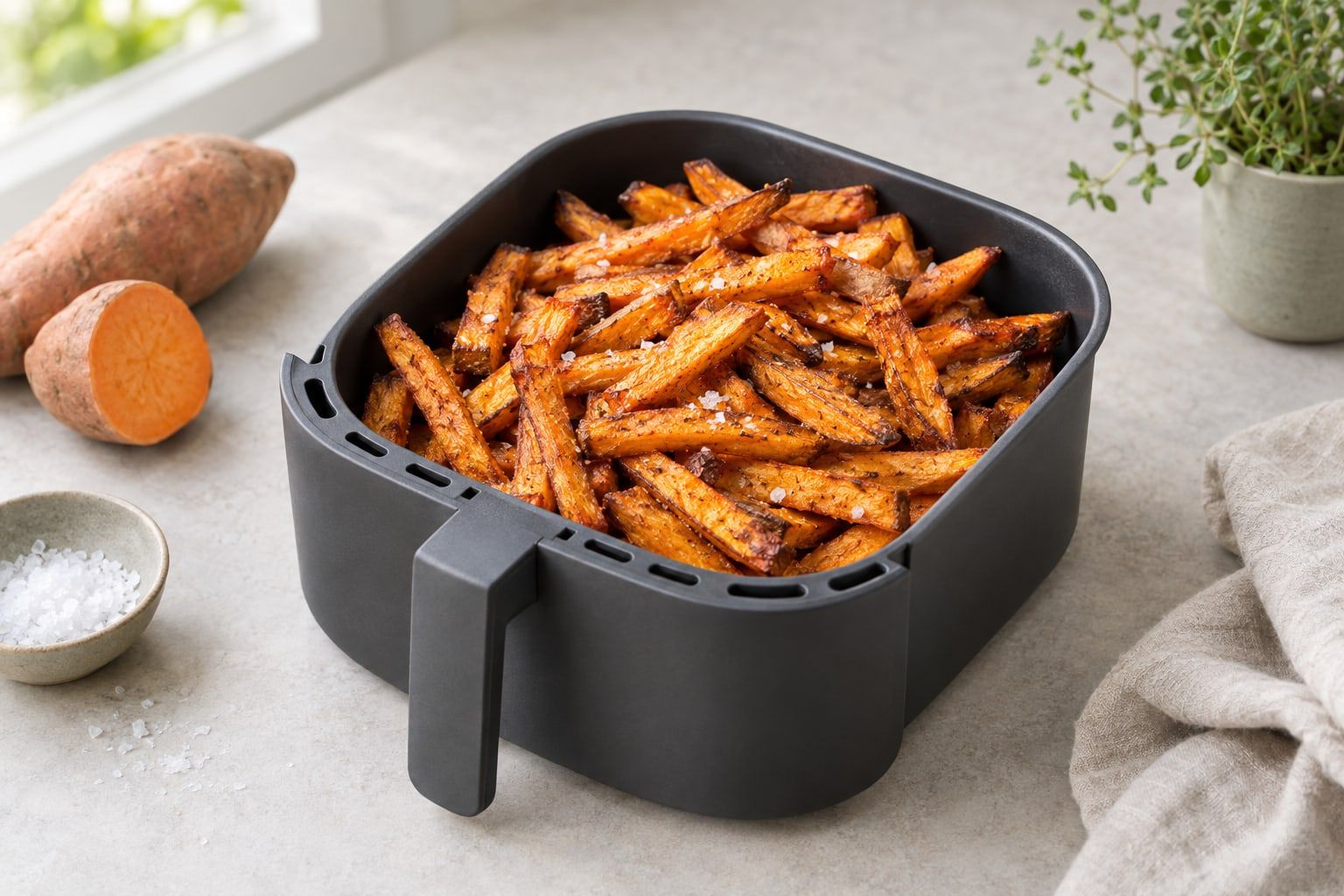 Frysta sötpotatispommes i airfryer, orange och krispiga i korgen
