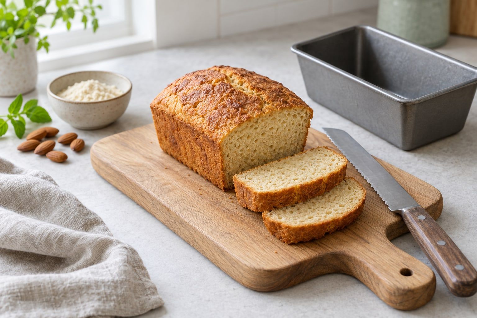 Glutenfritt bröd i airfryer, litet formbröd med gyllene skorpa och fuktig smula, uppskuret på skärbräda