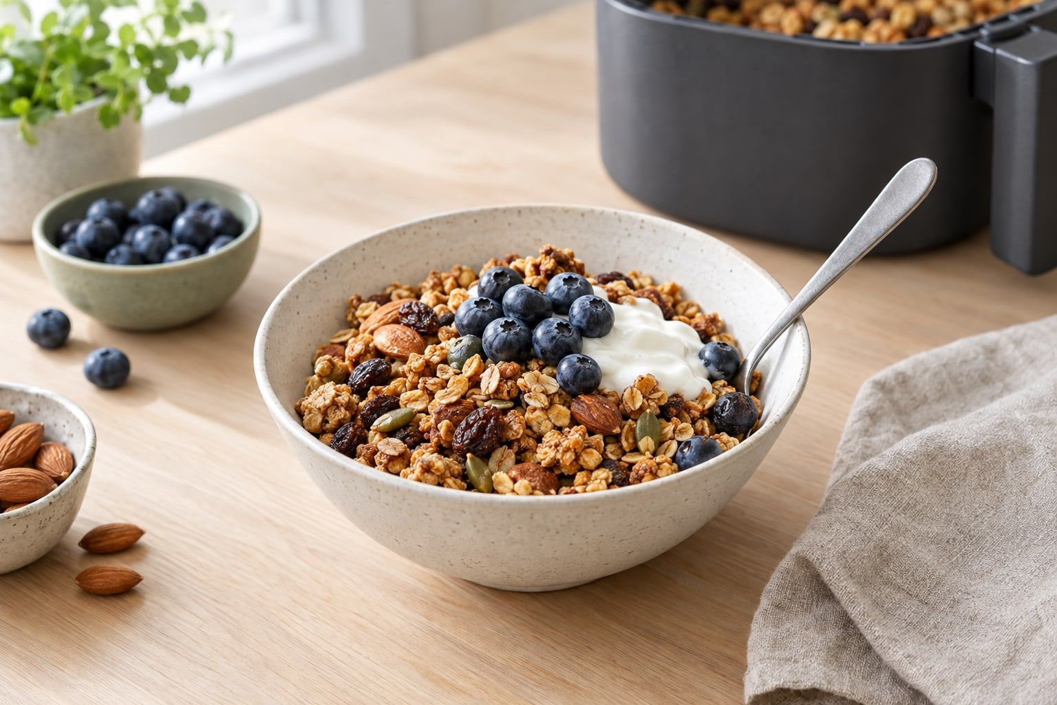 Granola i airfryer, gyllene knaprig granola med nötter och russin i en vit skål