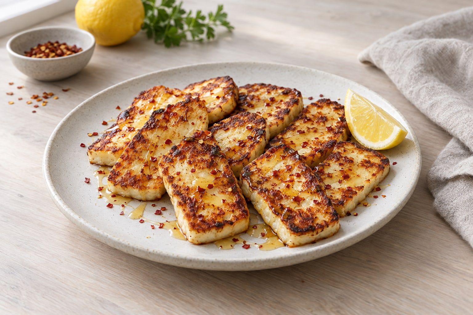 Halloumi i airfryer, tjocka gyllene skivor med honung och chiliflingor på ett vitt fat
