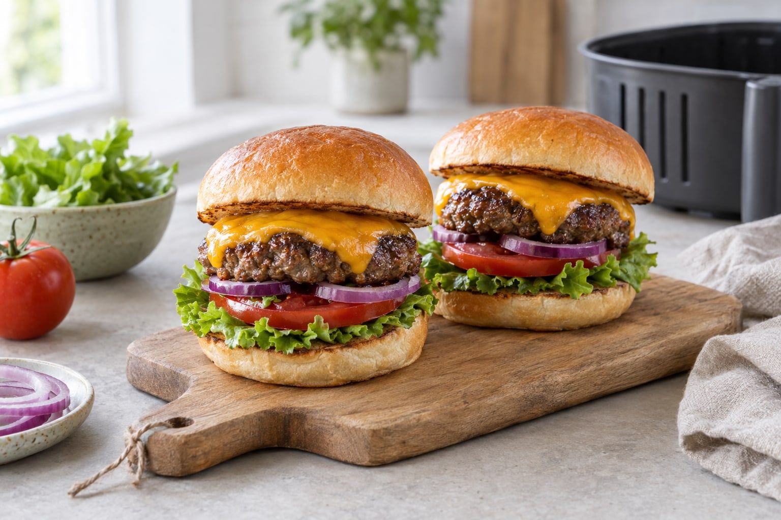 Hamburgare i airfryer, saftiga burgare med smält ost, sallad och tomat i hamburgerbröd
