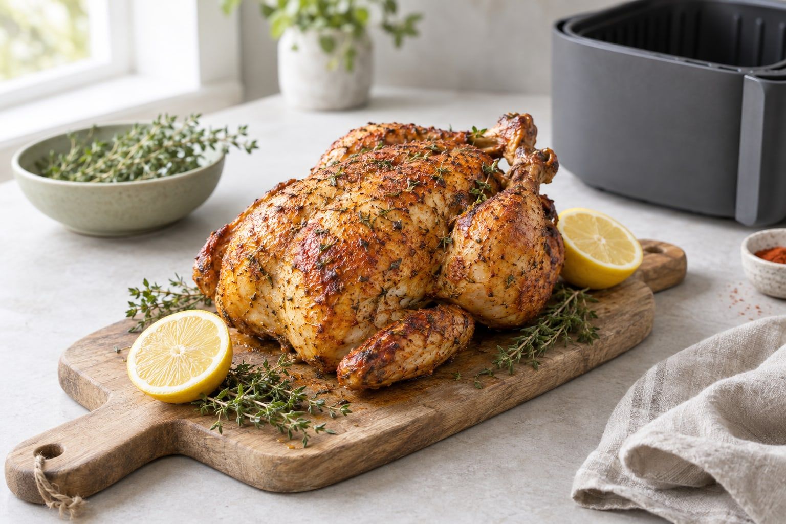 Hel kyckling i airfryer, gyllenbrun med krispigt skinn på en skärbräda