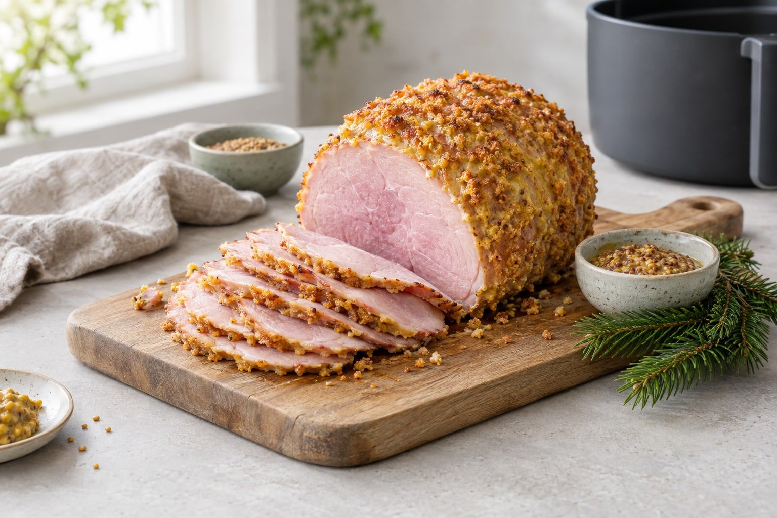 Julskinka i airfryer, griljerad skinkbit med gyllene senapsägg och ströbröd på skärbräda