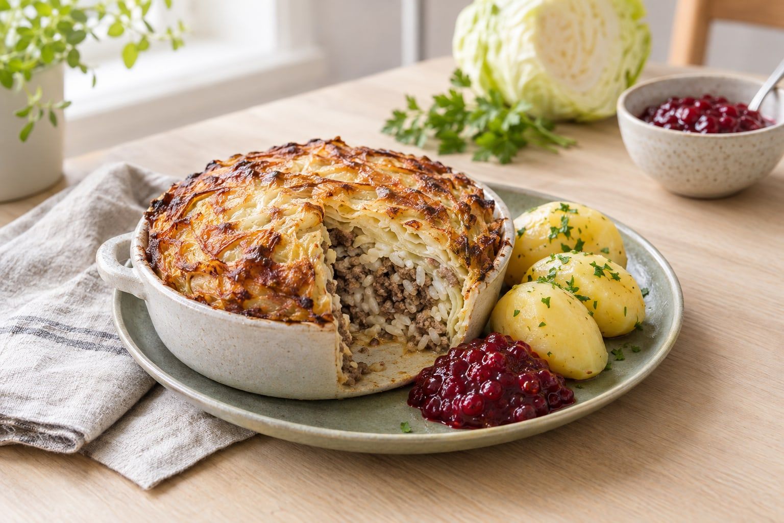 Kålpudding i airfryer, gyllenbrun i en rund form, serverad med kokt potatis och lingonsylt