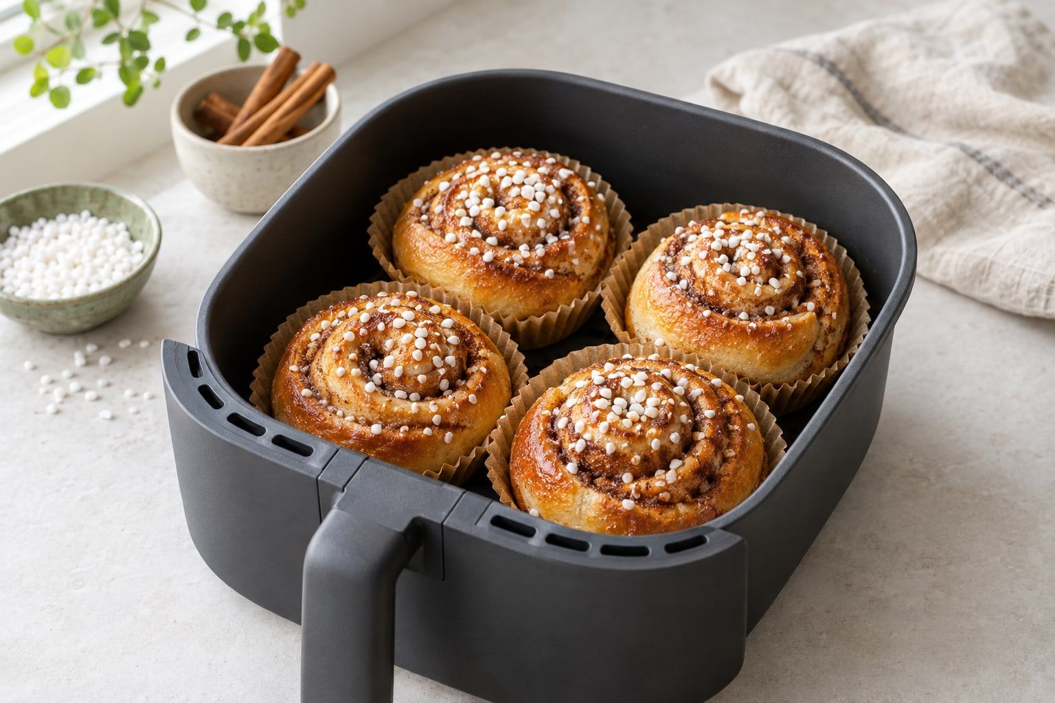 Kanelbullar i airfryer, fyra gyllene bullar med pärlsocker i pappersformar i en mörkgrå korg