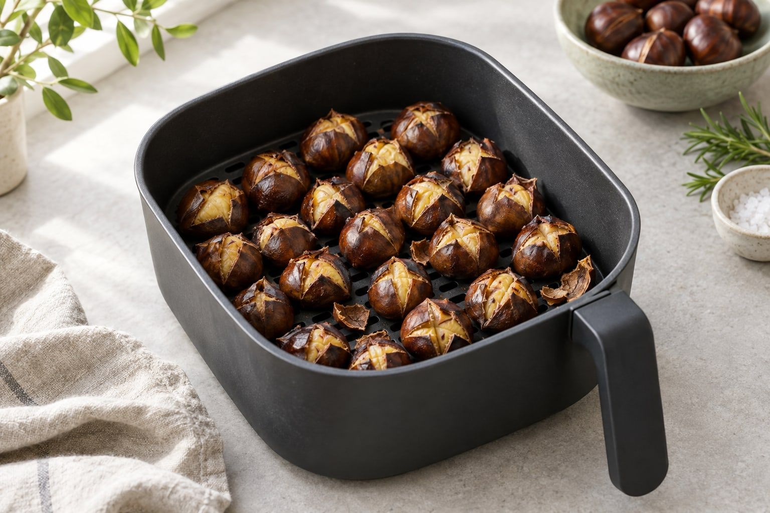 Kastanjer i airfryer, rostade i korgen med uppvikta skal och gul kärna vid krysset