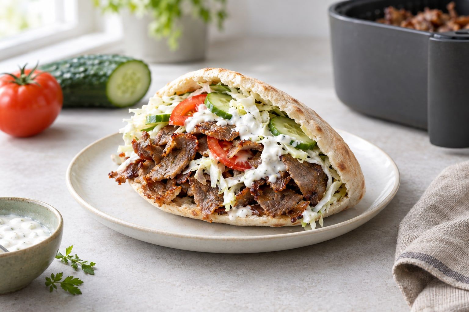 Kebab i airfryer, tunna bruna skivor kebabkött i pitabröd med kål, tomat och vitlökssås
