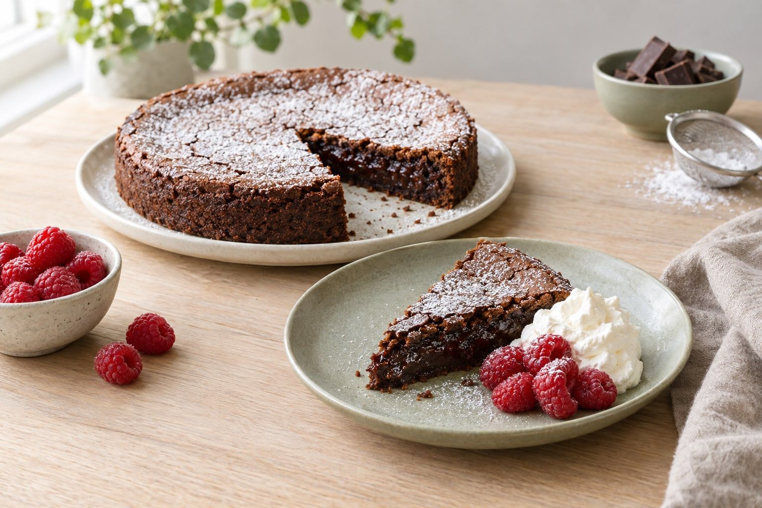 Kladdkaka i airfryer, skuren bit med kladdig mitt, florsocker, grädde och hallon