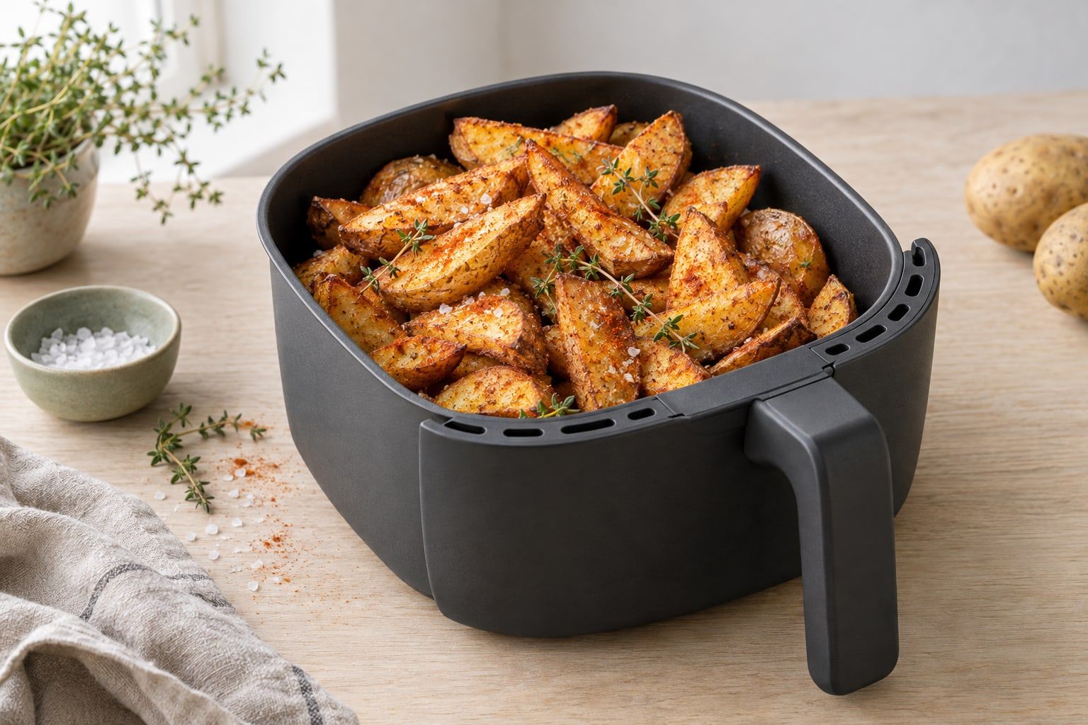 Klyftpotatis i airfryer, gyllene klyftor med skal och paprikakrydda i en mörkgrå korg