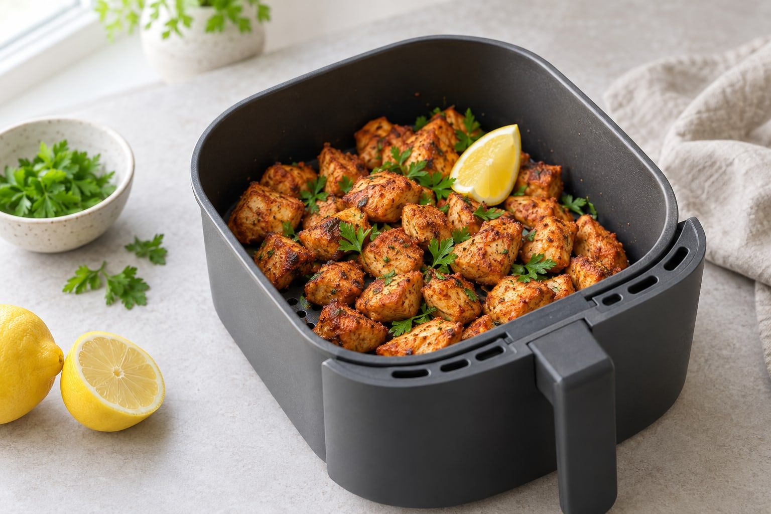 Kycklingbitar i airfryer, bruna tärningar av kycklingfilé i en korg med citron