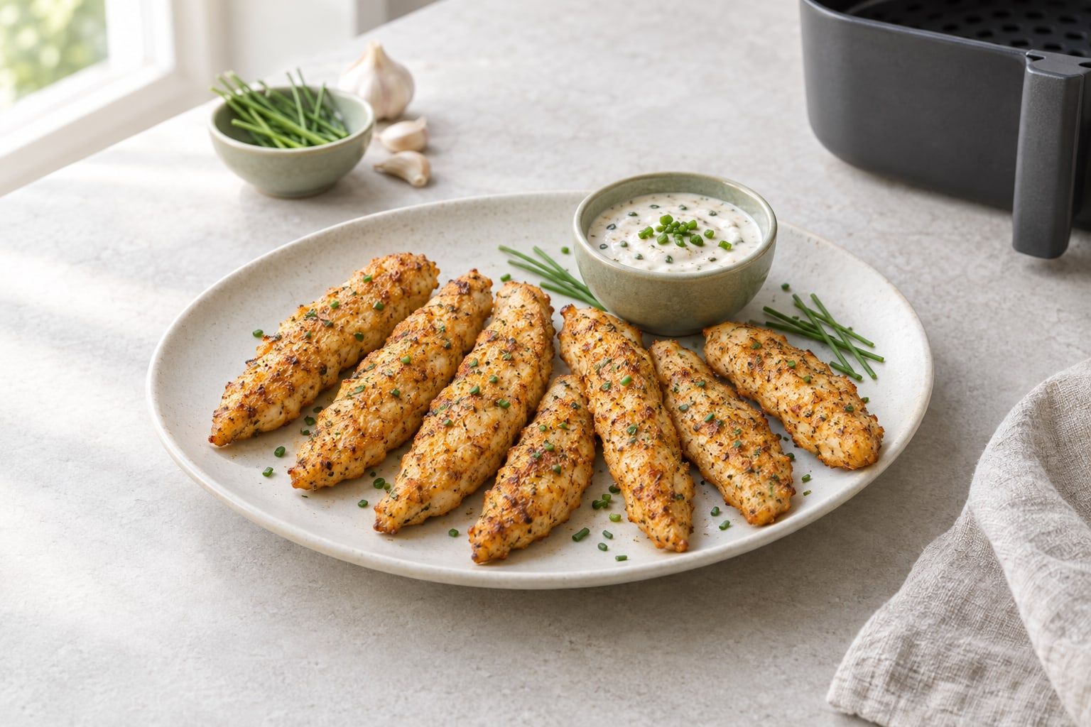 Kycklinginnerfilé i airfryer, smala gyllene filéstrimlor på ett fat med vitlöksdipp
