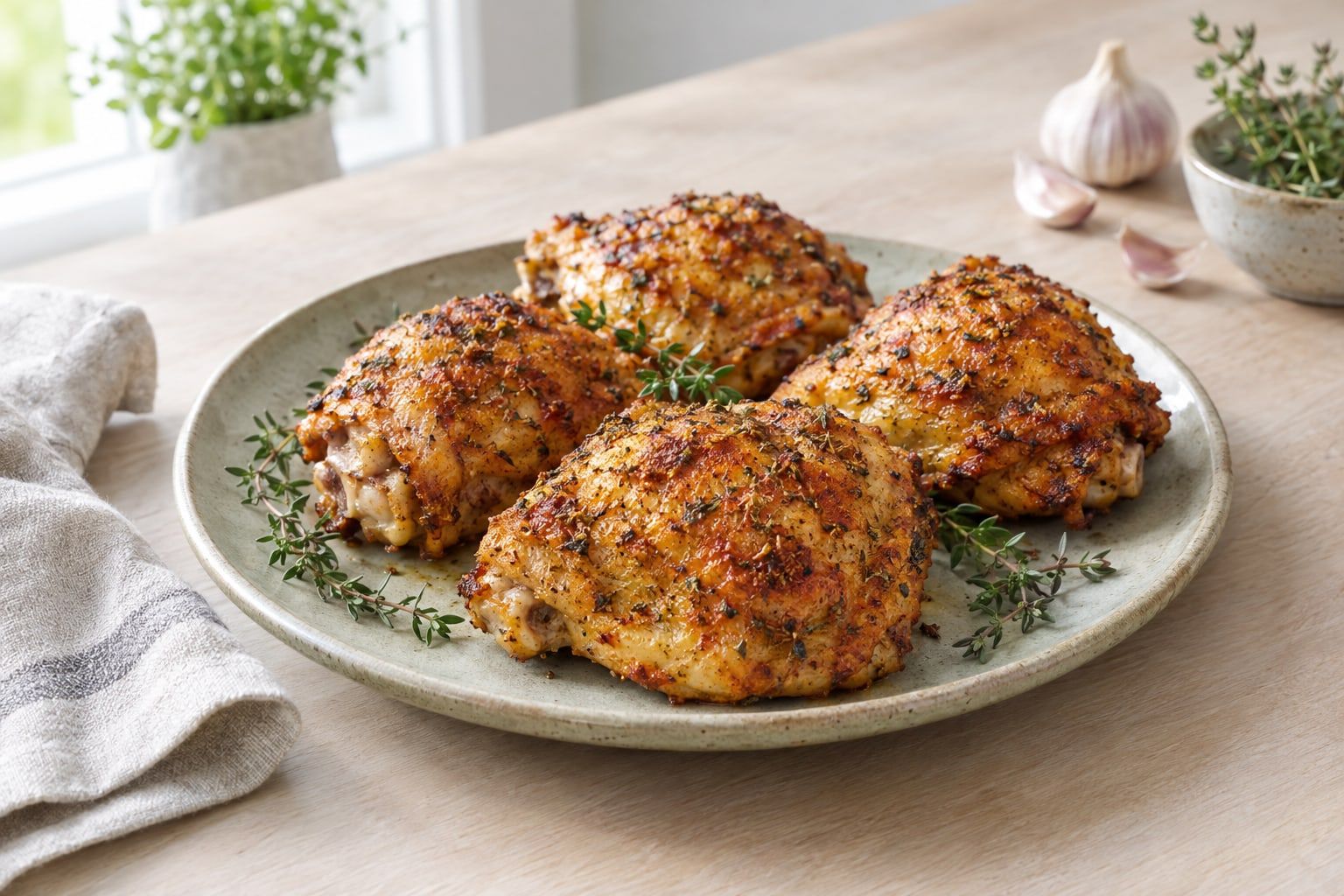 Kycklinglår i airfryer, gyllenbruna med krispig hud och kryddor på ytan