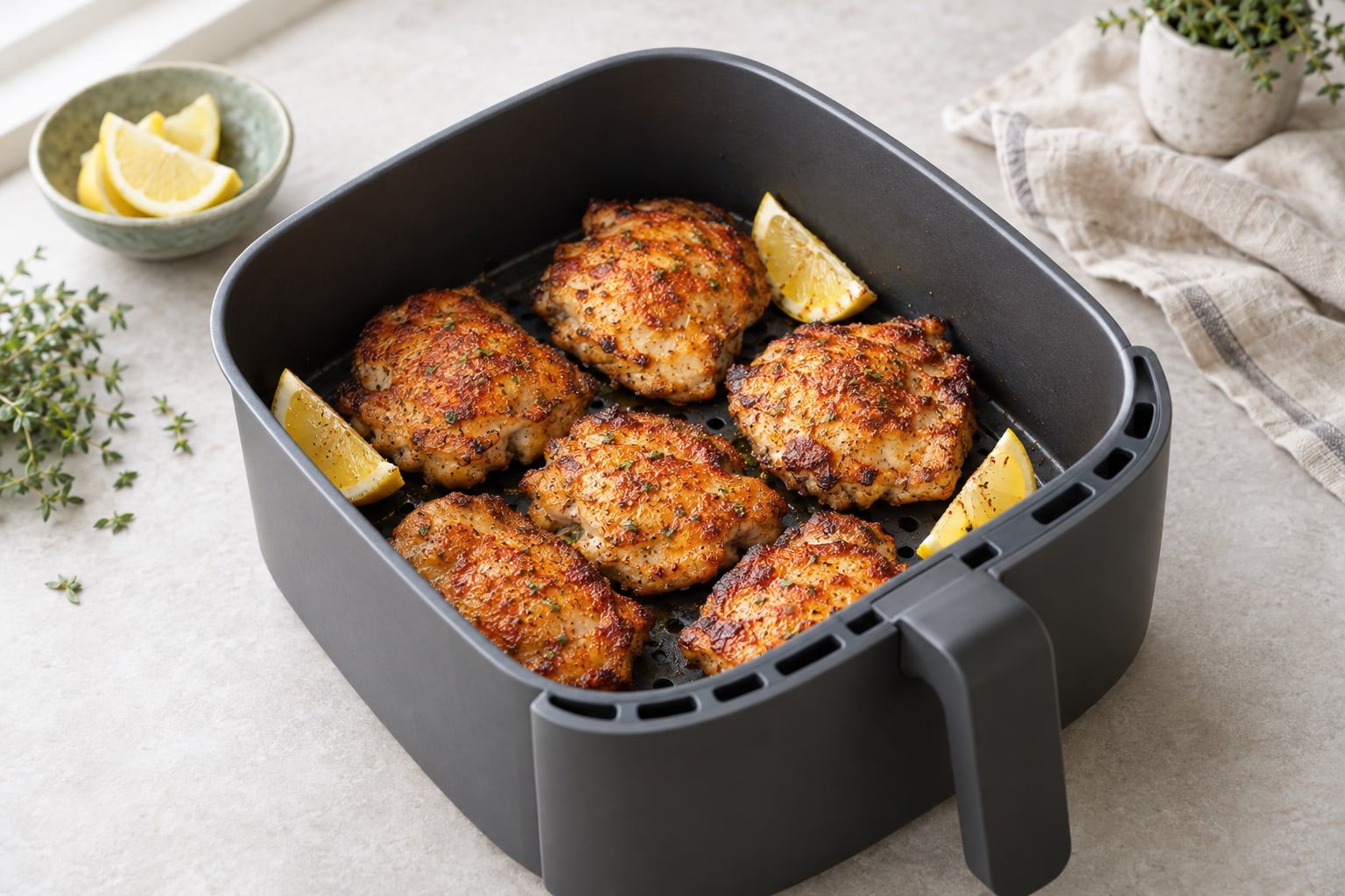 Kycklinglårfilé i airfryer, gyllenbruna benfria lår i airfryerkorgen med kryddor på ytan