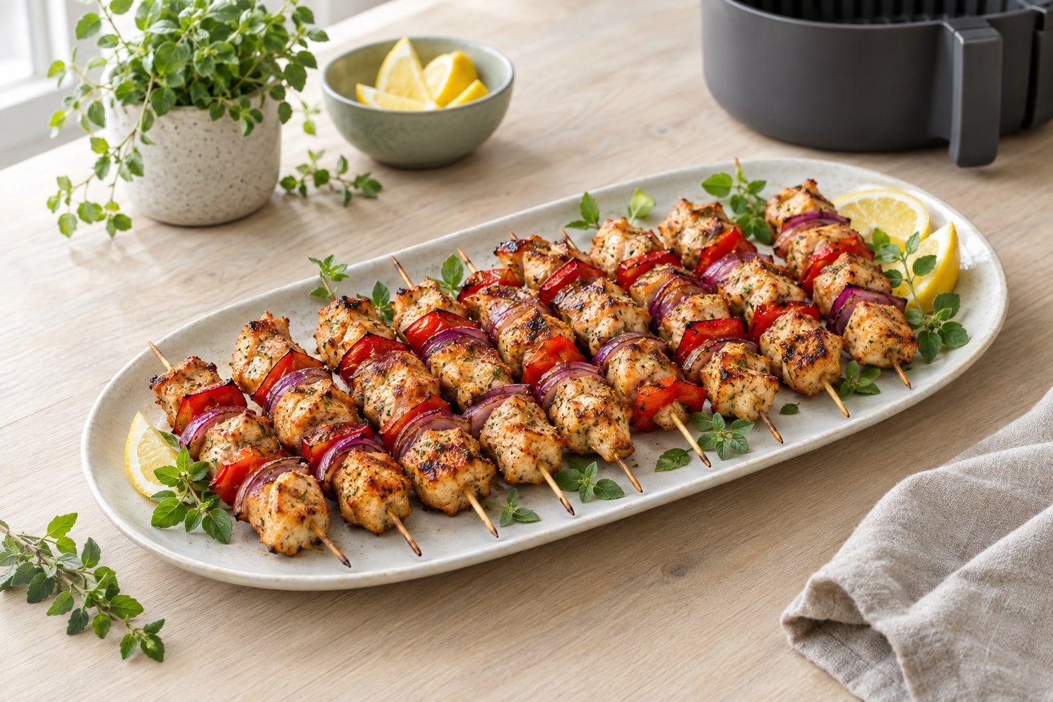 Kycklingspett i airfryer, med kycklingbitar, paprika och rödlök på ett fat