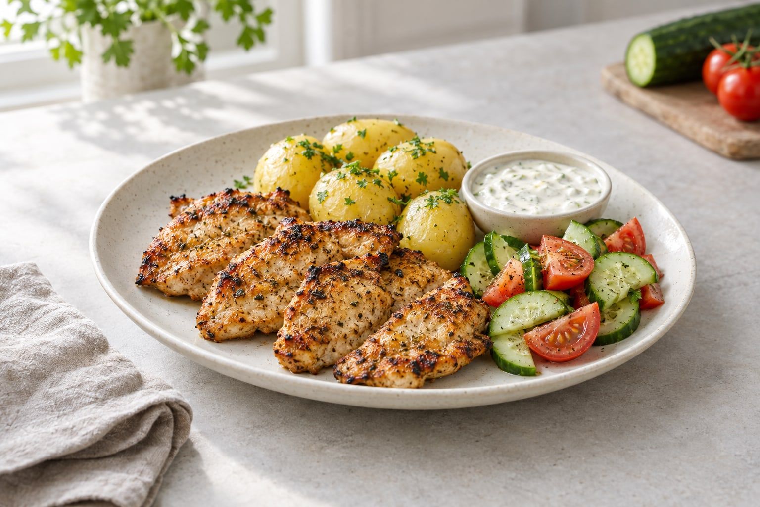Kycklingsteak i airfryer, brynta och saftiga på ett fat med potatis och sås