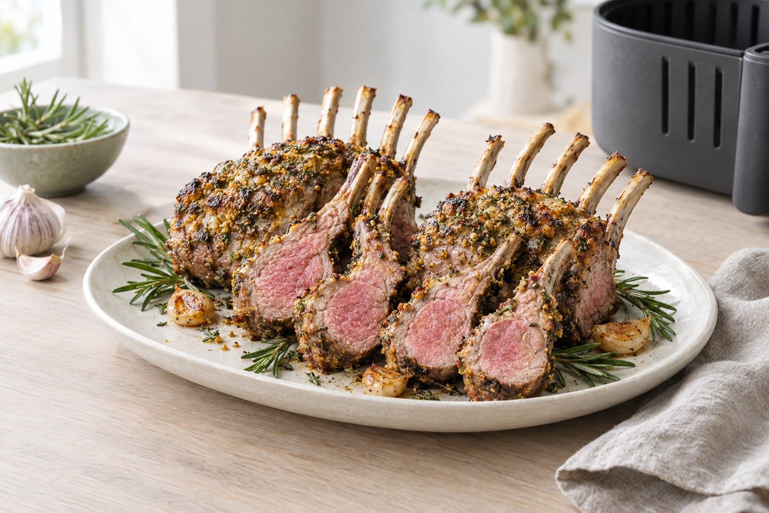 Lammracks i airfryer, skivade i dubbla revben med rosa kött och örtkrydda på ett vitt fat