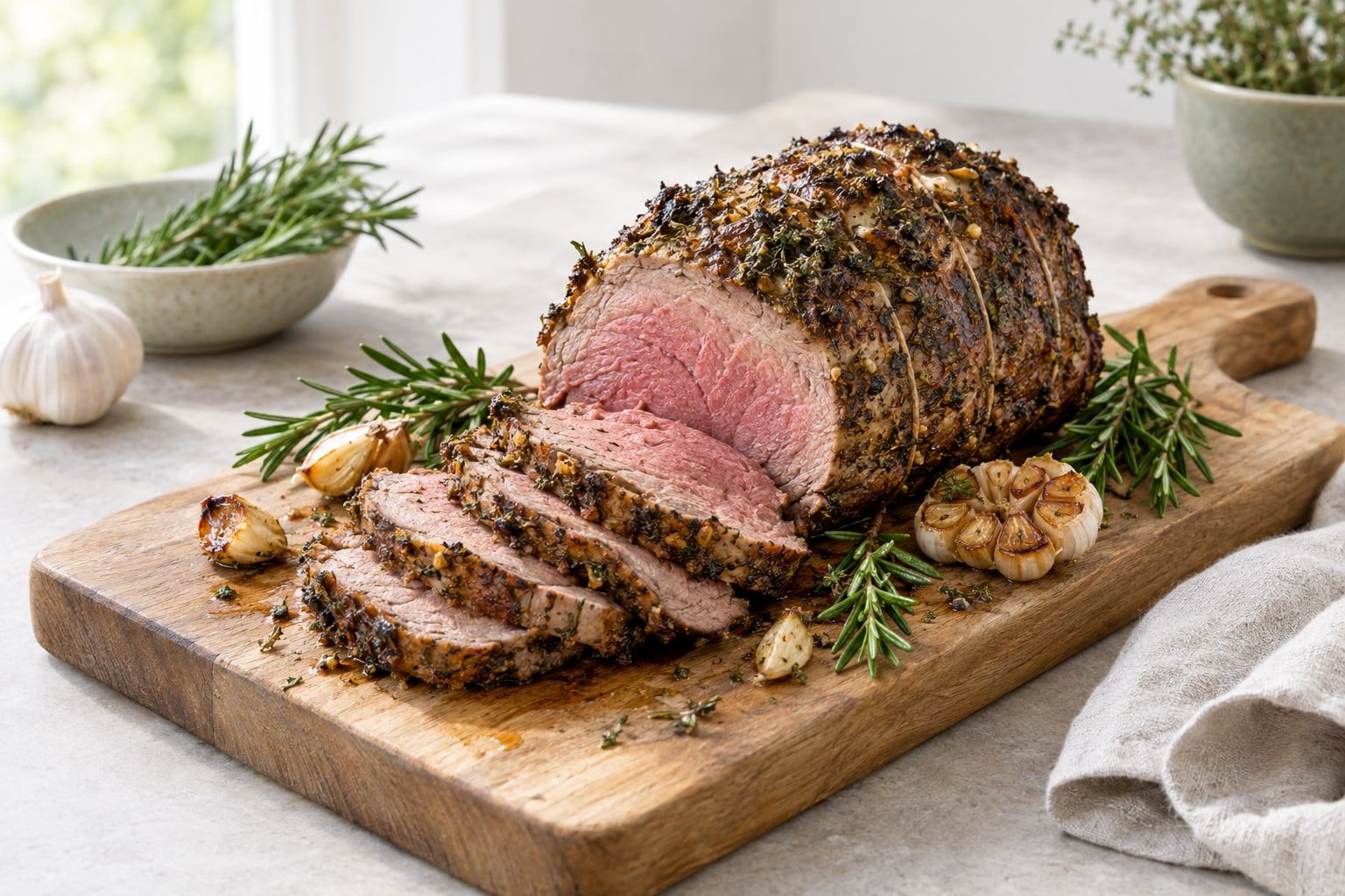 Lammstek i airfryer, skivad på en skärbräda med brun örtskorpa och rosa kött i mitten